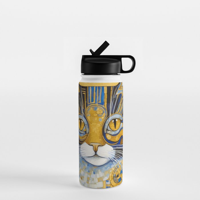Geometric Blue and Gold Klimt Cat Water Bottle Gallery Image 1