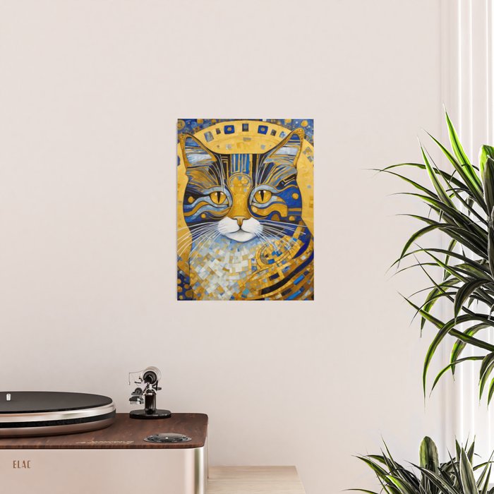 Geometric Blue and Gold Klimt Cat Poster Gallery Image 2