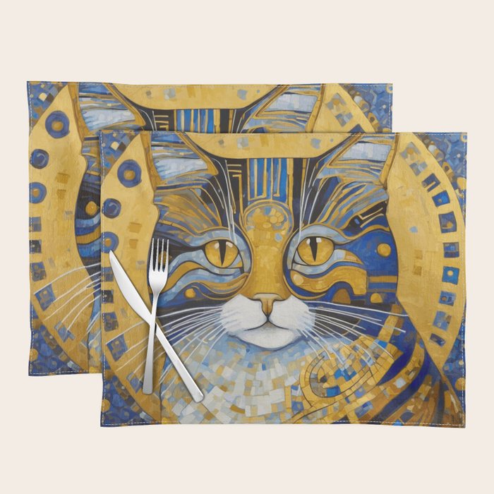 Geometric Blue and Gold Klimt Cat Placemat Gallery Image 1