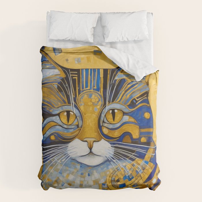 Geometric Blue and Gold Klimt Cat Duvet Cover Gallery Image 6