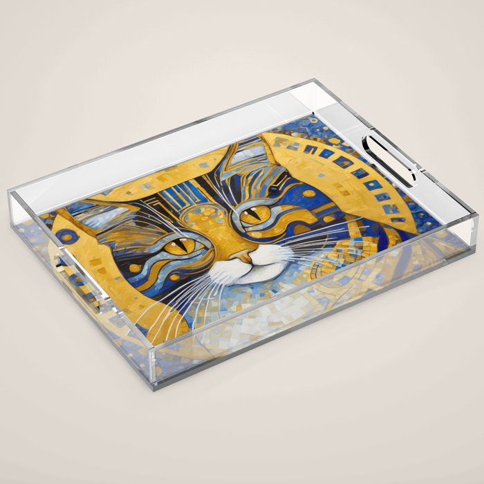 Geometric Blue and Gold Klimt Cat Acrylic Tray Gallery Image 1