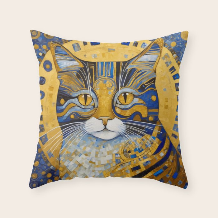 Geometric Blue and Gold Klimt Cat Throw Pillow Gallery Image 1