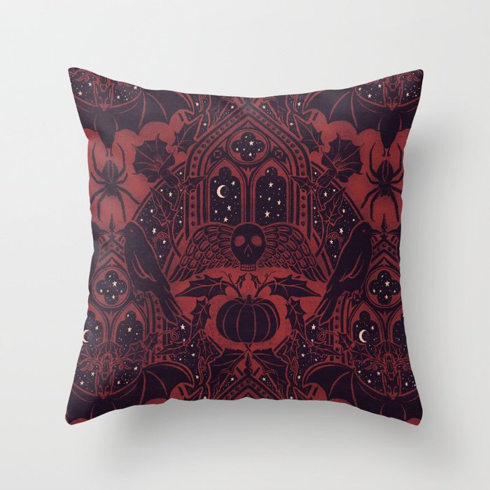 Gothic Halloween Damask - Red black and white  Throw Pillow Gallery Image 6