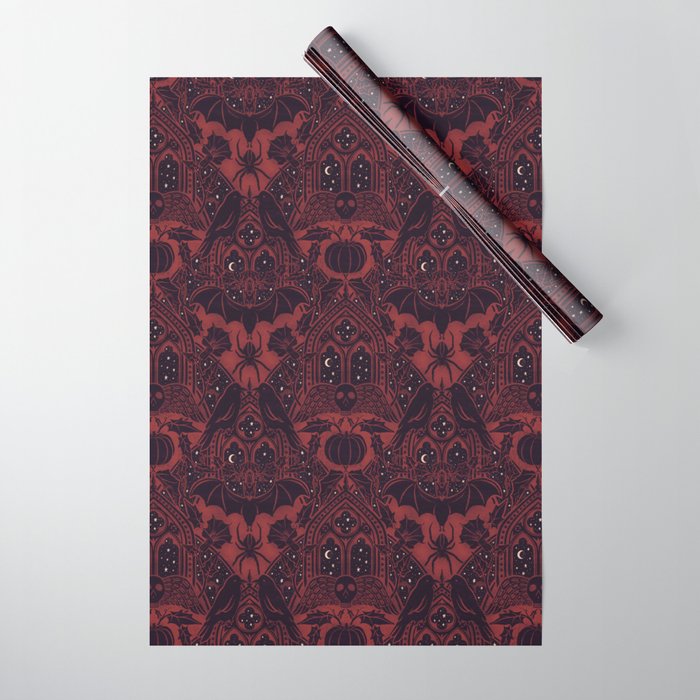 Gothic Halloween Damask - Red black and white  Wrapping Paper Gallery Image 1