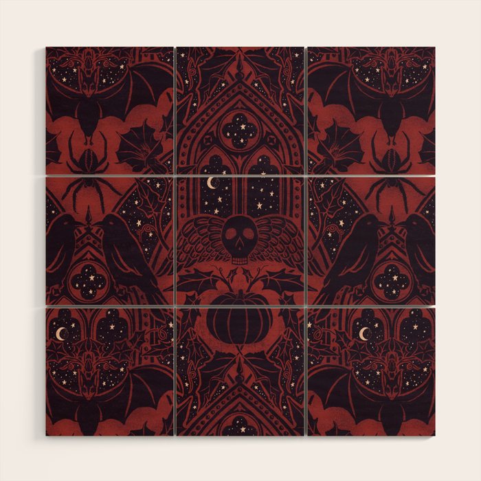 Gothic Halloween Damask - Red black and white  Wood Wall Art Gallery Image 1