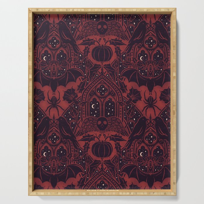Gothic Halloween Damask - Red black and white  Serving Tray Gallery Image 1