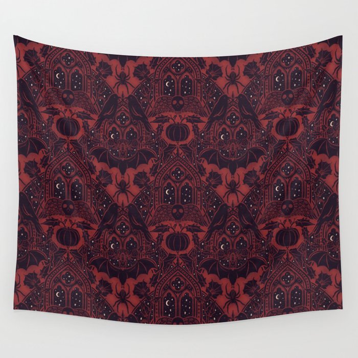 Gothic Halloween Damask - Red black and white  Wall Tapestry Gallery Image 1