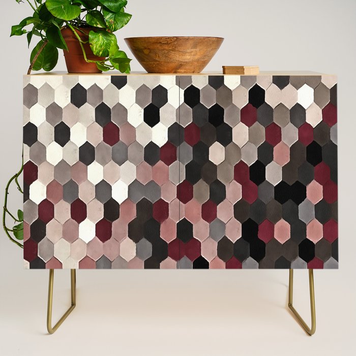 Hexagon Pattern In Gray and Burgundy Autumn Colors Credenza Gallery Image 1