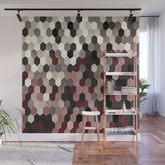 Hexagon Pattern In Gray and Burgundy Autumn Colors Wall Mural Gallery Image 1