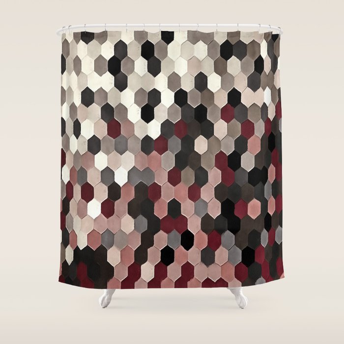 Hexagon Pattern In Gray and Burgundy Autumn Colors Shower Curtain Gallery Image 1