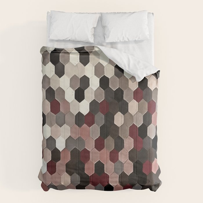 Hexagon Pattern In Gray and Burgundy Autumn Colors Comforter Gallery Image 1