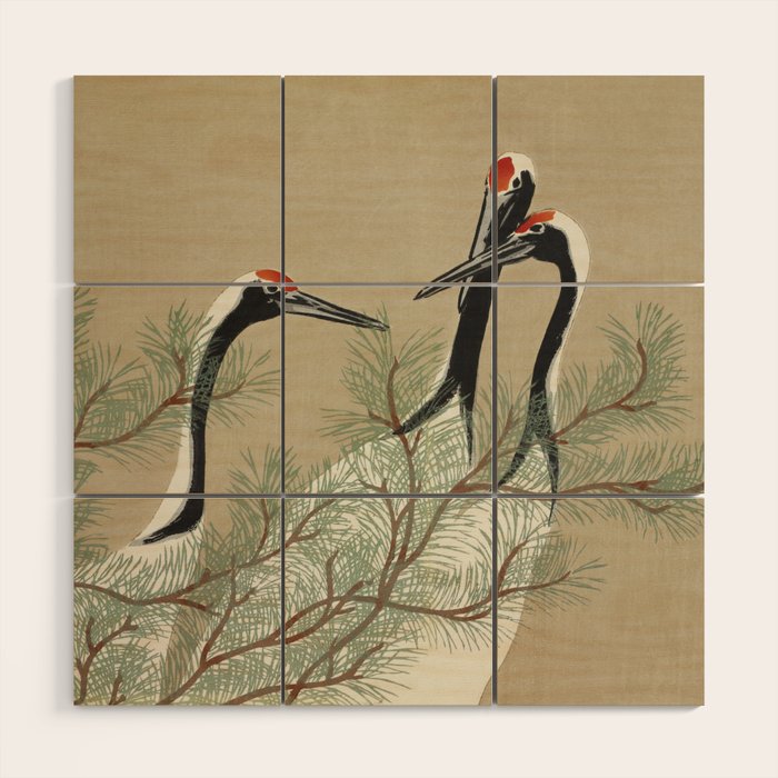Japanese Tapestries, Japan Prints: Cranes from Momoyogusa by Kamisaka Sekka Wood Wall Art Gallery Image 1