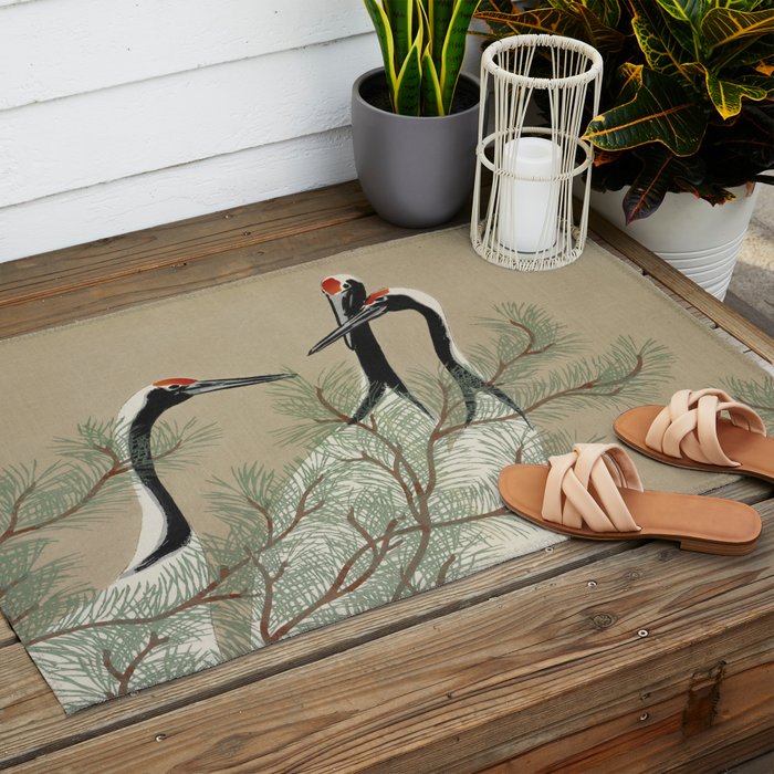 Japanese Tapestries, Japan Prints: Cranes from Momoyogusa by Kamisaka Sekka Outdoor Rug Gallery Image 2