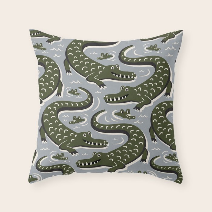 Alligator - Down In The Bayou - Grey Throw Pillow Gallery Image 1
