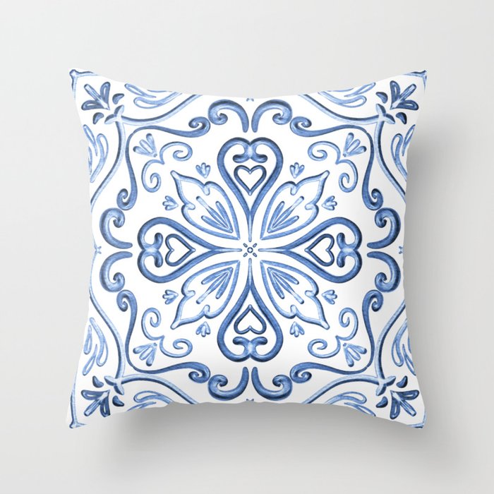 Blue and White Elegant Tiled Pattern Throw Pillow Gallery Image 6