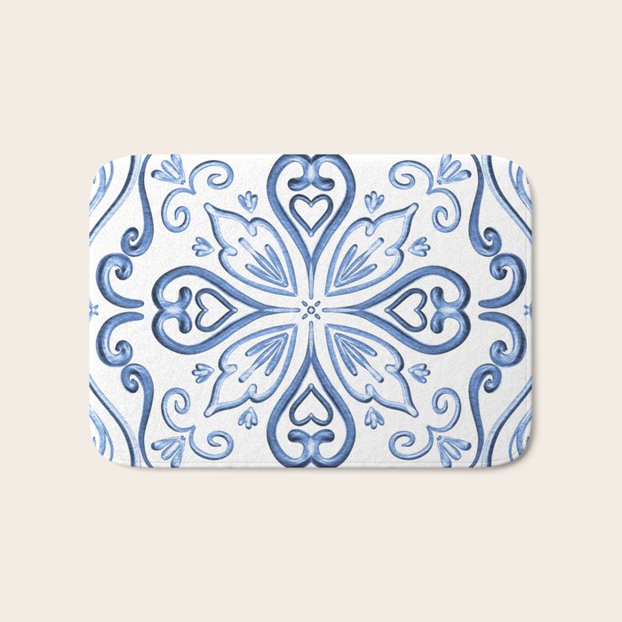 Blue and White Elegant Tiled Pattern Bath Mat Gallery Image 1