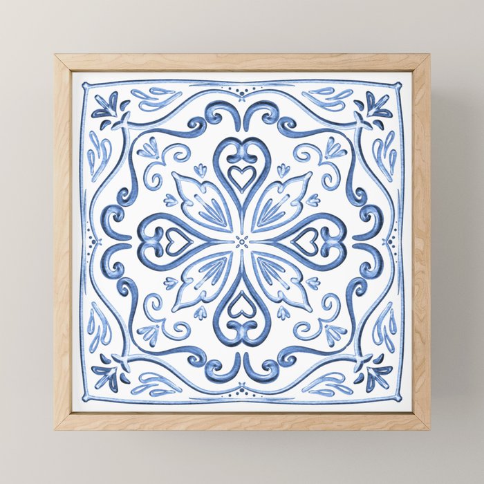 Blue and White Elegant Tiled Pattern Mini Art Print Gallery Image 1