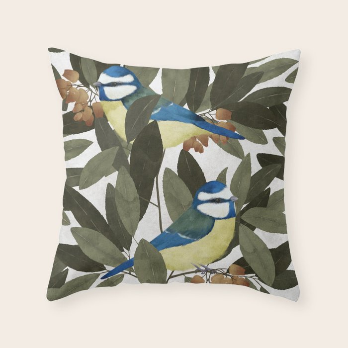 Blue tit and strawberry tree Throw Pillow Gallery Image 6