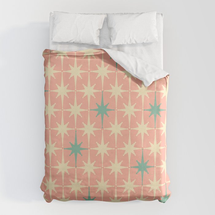 Mid-Century Modern Atomic Stars Pattern Blush Pink Teal Mint Cream Duvet Cover Gallery Image 6
