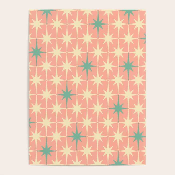 Mid-Century Modern Atomic Stars Pattern Blush Pink Teal Mint Cream Poster Gallery Image 1