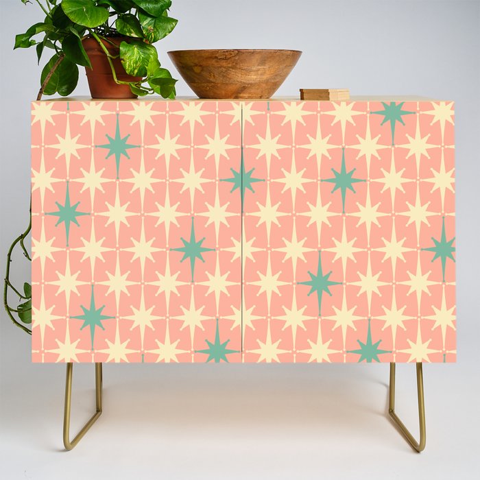 Mid-Century Modern Atomic Stars Pattern Blush Pink Teal Mint Cream Credenza Gallery Image 1