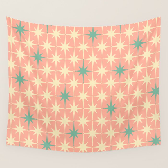 Mid-Century Modern Atomic Stars Pattern Blush Pink Teal Mint Cream Wall Tapestry Gallery Image 4