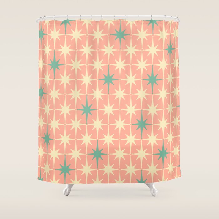 Mid-Century Modern Atomic Stars Pattern Blush Pink Teal Mint Cream Shower Curtain Gallery Image 1