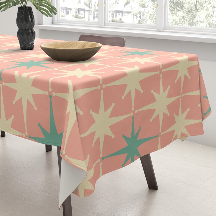 Mid-Century Modern Atomic Stars Pattern Blush Pink Teal Mint Cream Tablecloth Gallery Image 3