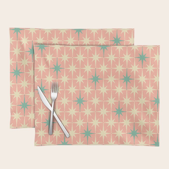 Mid-Century Modern Atomic Stars Pattern Blush Pink Teal Mint Cream Placemat Gallery Image 1