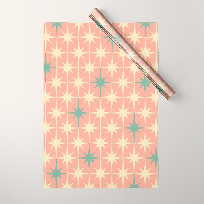 Mid-Century Modern Atomic Stars Pattern Blush Pink Teal Mint Cream Wrapping Paper Gallery Image 1