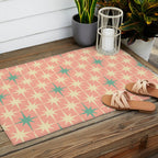 Mid-Century Modern Atomic Stars Pattern Blush Pink Teal Mint Cream Outdoor Rug Gallery Image 2