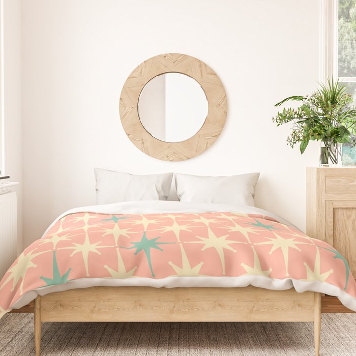 Mid-Century Modern Atomic Stars Pattern Blush Pink Teal Mint Cream Duvet Cover Gallery Image 3