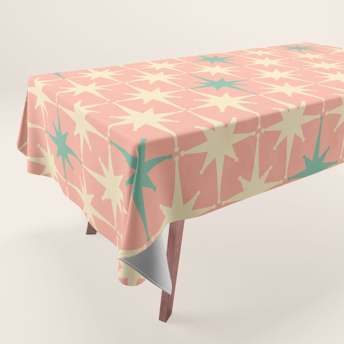 Mid-Century Modern Atomic Stars Pattern Blush Pink Teal Mint Cream Tablecloth Gallery Image 1
