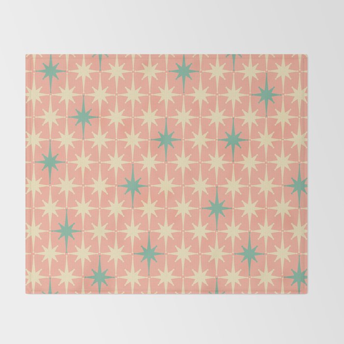 Mid-Century Modern Atomic Stars Pattern Blush Pink Teal Mint Cream Throw Blanket Gallery Image 2