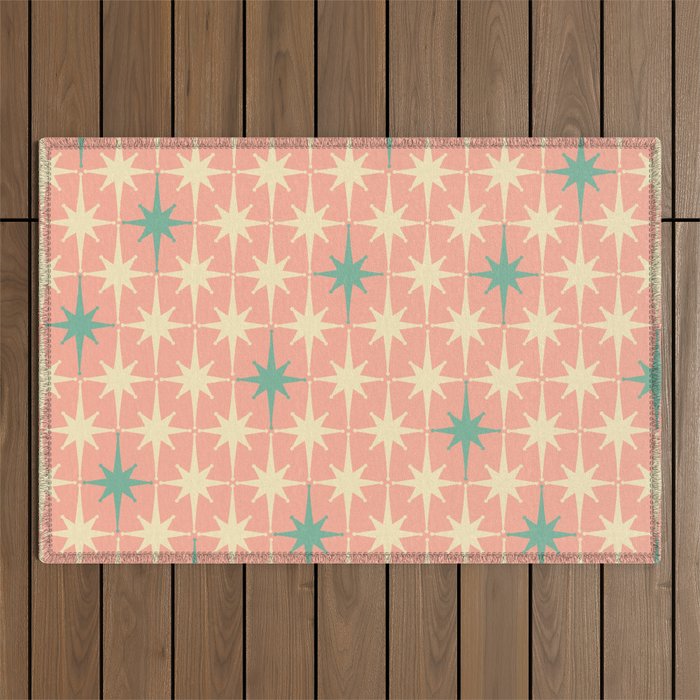 Mid-Century Modern Atomic Stars Pattern Blush Pink Teal Mint Cream Outdoor Rug Gallery Image 1
