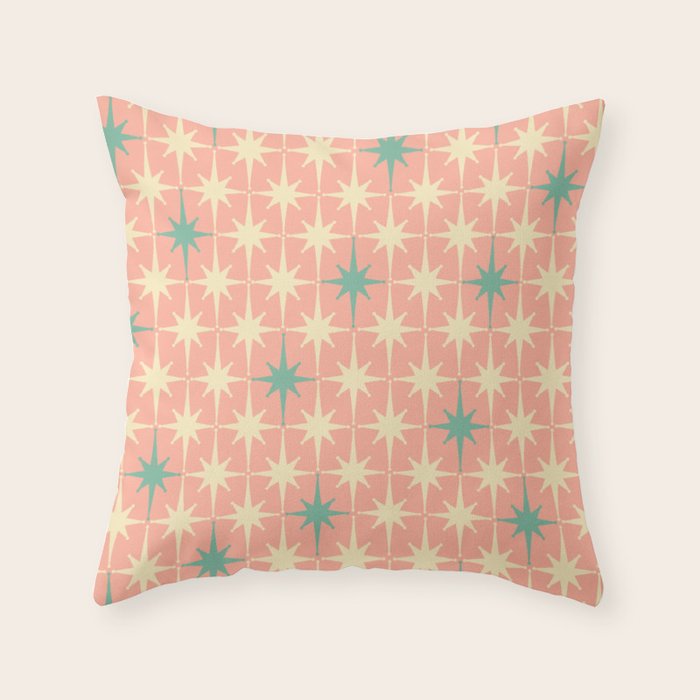 Mid-Century Modern Atomic Stars Pattern Blush Pink Teal Mint Cream Throw Pillow Gallery Image 1
