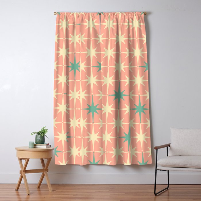 Mid-Century Modern Atomic Stars Pattern Blush Pink Teal Mint Cream Window Curtain Gallery Image 5