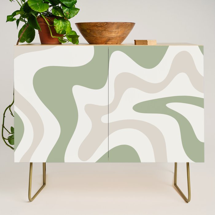 Retro Liquid Swirl Abstract Pattern in Cream, Sage, Beige Credenza Gallery Image 1
