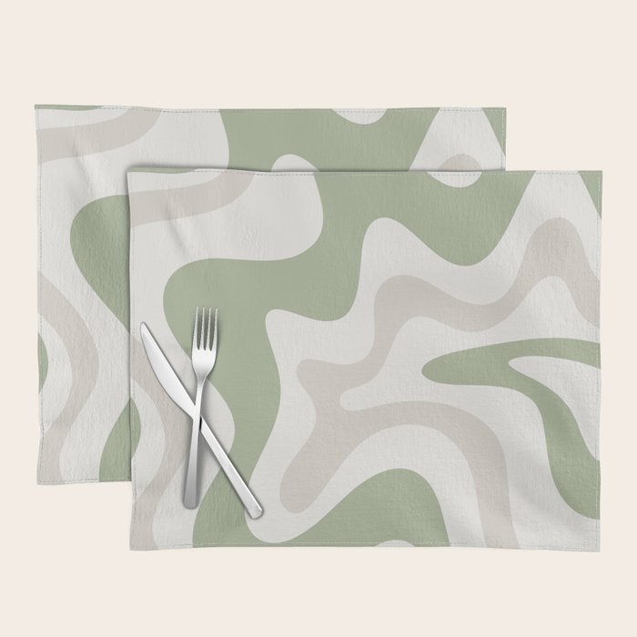 Retro Liquid Swirl Abstract Pattern in Cream, Sage, Beige Placemat Gallery Image 1