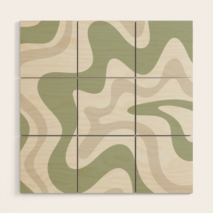 Retro Liquid Swirl Abstract Pattern in Cream, Sage, Beige Wood Wall Art Gallery Image 1