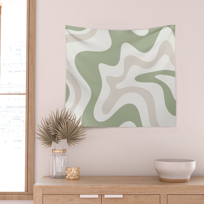 Retro Liquid Swirl Abstract Pattern in Cream, Sage, Beige Wall Tapestry Gallery Image 2