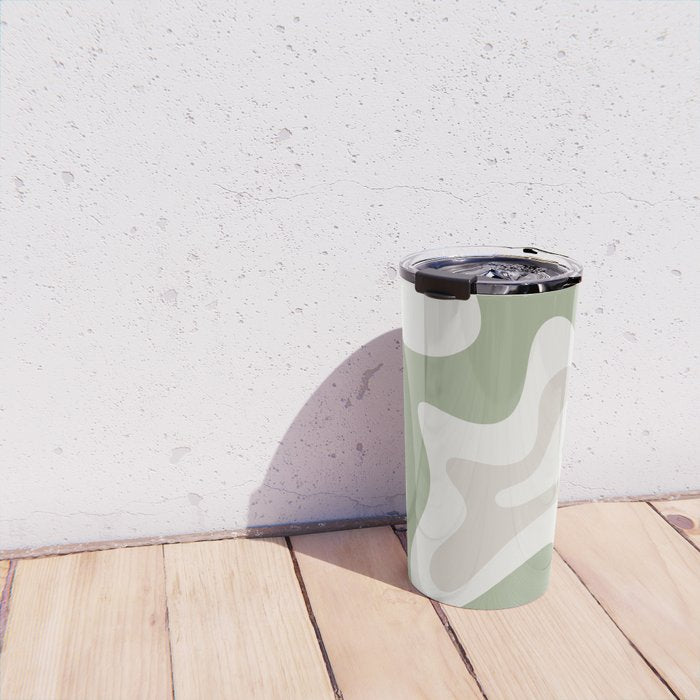 Retro Liquid Swirl Abstract Pattern in Cream, Sage, Beige Travel Mug Gallery Image 4