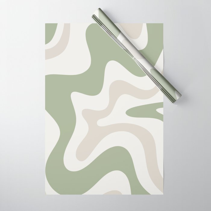 Retro Liquid Swirl Abstract Pattern in Cream, Sage, Beige Wrapping Paper Gallery Image 1
