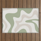 Retro Liquid Swirl Abstract Pattern in Cream, Sage, Beige Outdoor Rug Gallery Image 1