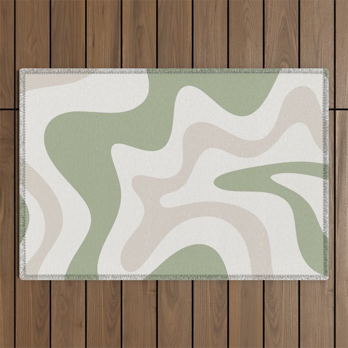 Retro Liquid Swirl Abstract Pattern in Cream, Sage, Beige Outdoor Rug Gallery Image 1