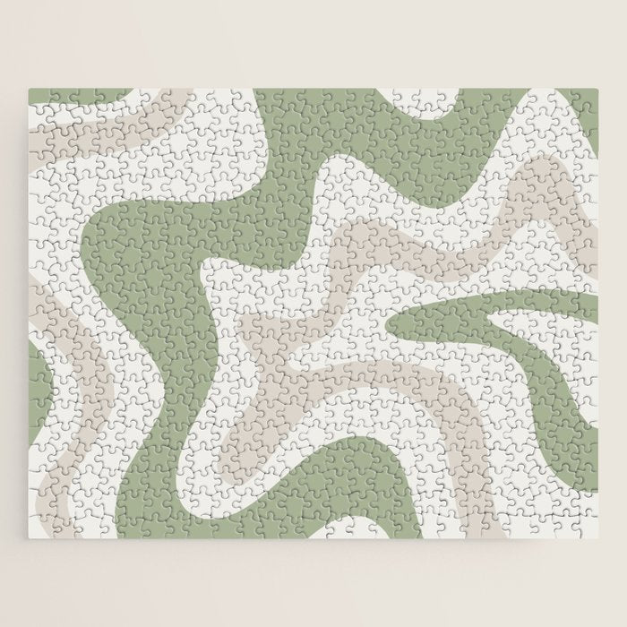 Retro Liquid Swirl Abstract Pattern in Cream, Sage, Beige Jigsaw Puzzle Gallery Image 1