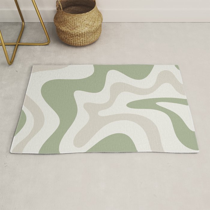 Retro Liquid Swirl Abstract Pattern in Cream, Sage, Beige Rug Gallery Image 1