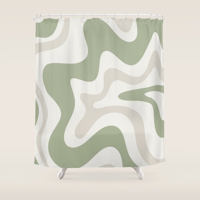 Retro Liquid Swirl Abstract Pattern in Cream, Sage, Beige Shower Curtain Gallery Image 1