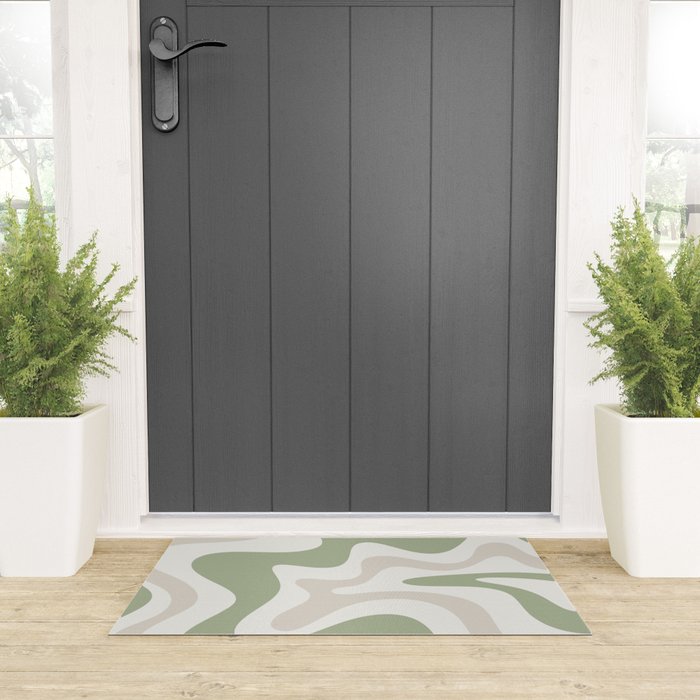 Retro Liquid Swirl Abstract Pattern in Cream, Sage, Beige Welcome Mat Gallery Image 3