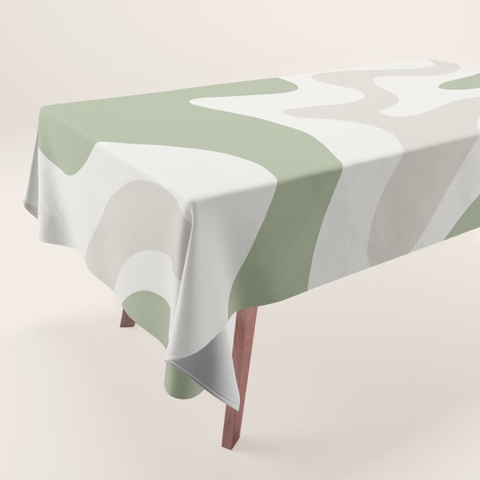 Retro Liquid Swirl Abstract Pattern in Cream, Sage, Beige Tablecloth Gallery Image 1
